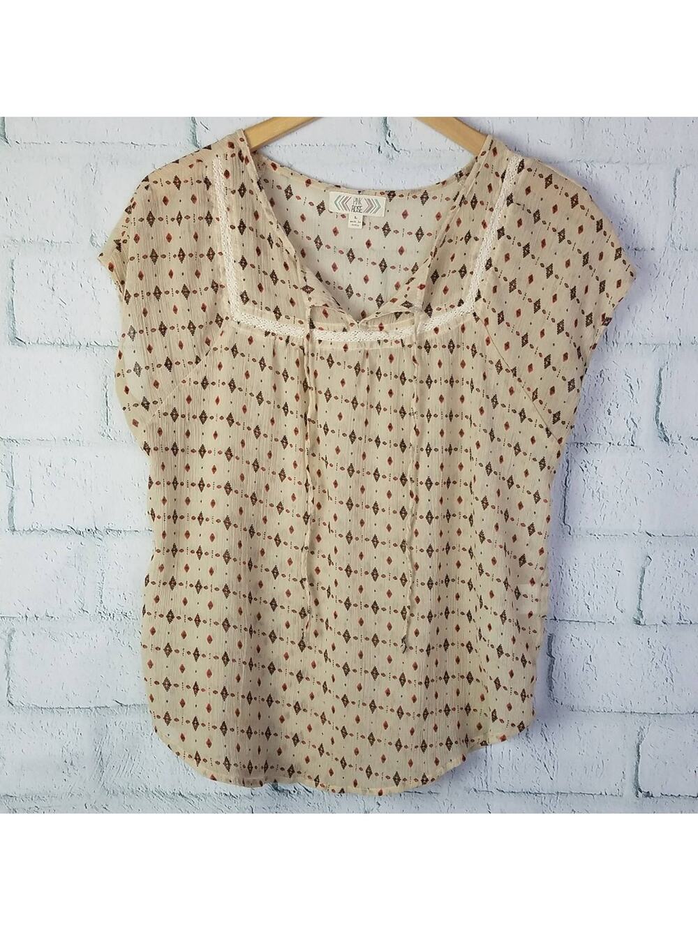 Pink Rose Womens Semi Sheer Tribal Print Boho Gauzy Top Size Large